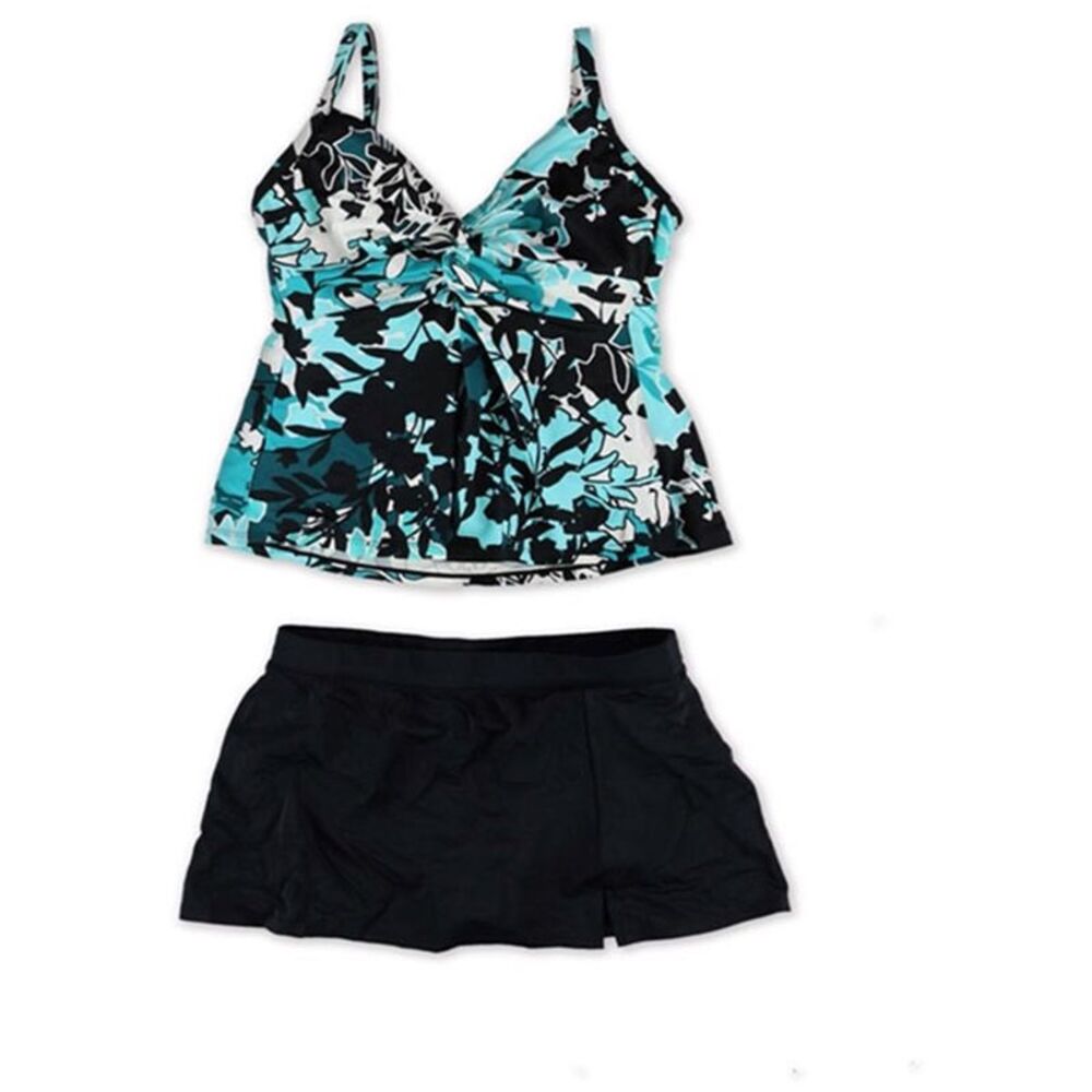 Swim Solutions Womens Knot Front Skirt 2 Piece Tankini, Blue, 8, MP